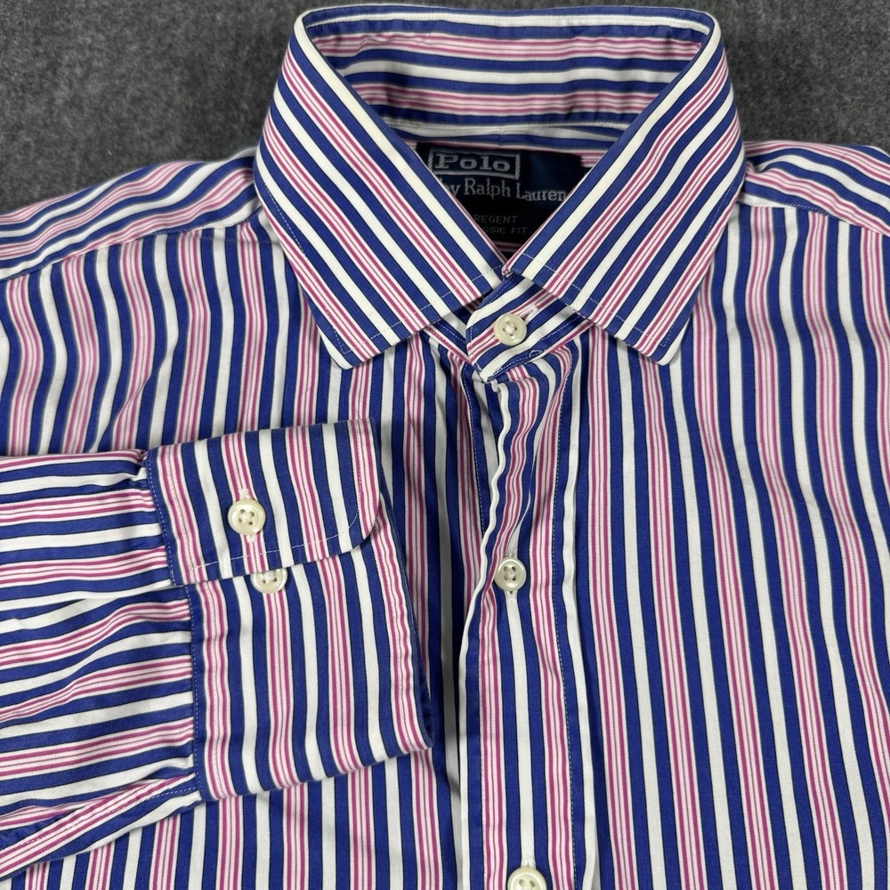 Polo Ralph Lauren Men's Shirt 15.5 M Regent Classic Fit Blue Pink Stripe